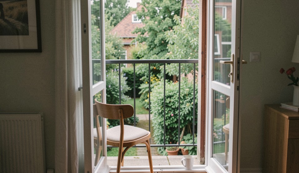 Offene Balkontür mit Blick in einen begrünten Hinterhof, ein Stuhl steht halb im Türrahmen, eine Tasse auf der Schwelle, weiches Vormittagslicht, halbnahe Aufnahme aus dem Zimmer heraus