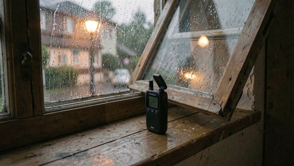 Kleiner Handrekorder mit ausgeklappten Mikrofonen steht auf einem hölzernen Fensterbrett am gekippten Fenster, draussen Regen und nasses Blech, Licht nur von einer Strassenlaterne, Nahaufnahme