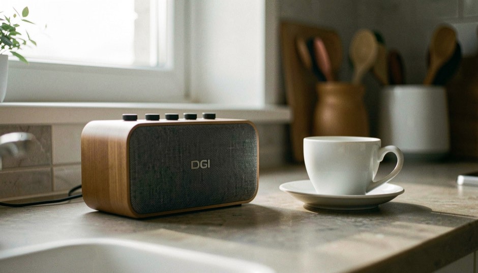 Kompaktes Internetradio mit Stoffbespannung auf einer Küchenarbeitsplatte neben einer Kaffeetasse, frühes Morgenlicht durch das Fenster, halbnahe Aufsicht