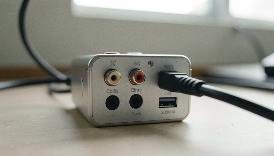Rückseite eines kleinen Audiogeräts mit Klinkenbuchsen, Cinchausgängen und USB-Anschluss, ein Kabel steckt halb eingeschoben, kühles Arbeitslicht von oben, Makroaufnahme