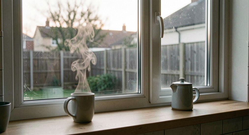 Küchenfenster im Morgengrauen mit dampfender Tasse auf dem Fensterbrett, Hinterhof in Grautönen, weiches Gegenlicht, Nahaufnahme