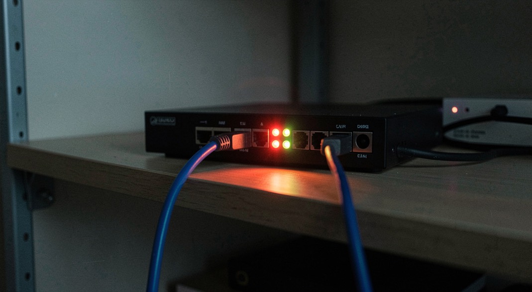 Router mit blinkenden Leuchtdioden auf einem Regalbrett, ein blaues Netzwerkkabel führt nach unten aus dem Bild, Zimmer im Dunkeln, kaltes Licht der Dioden, Nahaufnahme