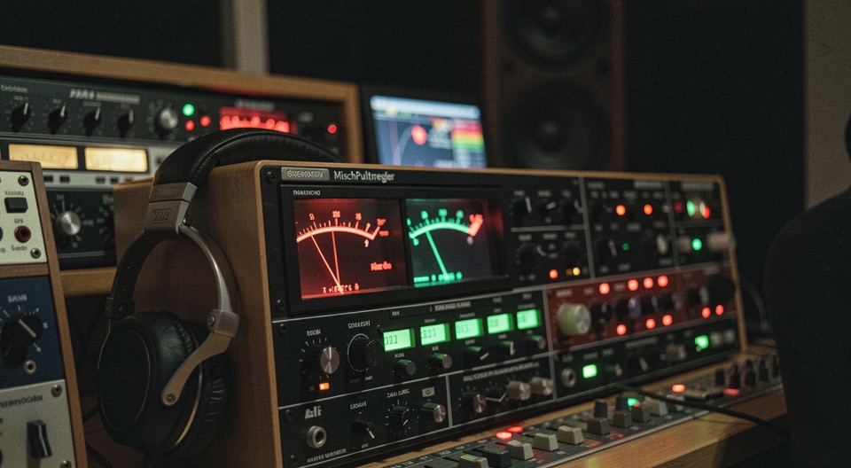 Mischpultregler in einem dunklen Radiostudio bei Nacht, Skalen leuchten rot und grün, Kopfhörer hängt über der Lehne, Nahaufnahme mit flacher Schärfe