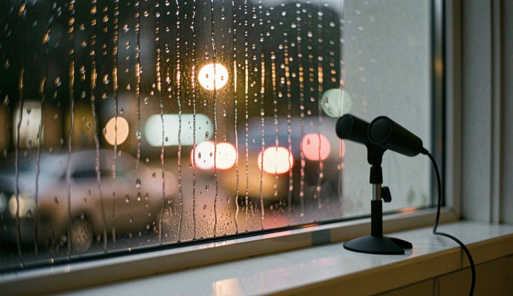 Regentropfen laufen über eine Fensterscheibe, dahinter unscharfe Strassenlichter, ein kleines Aufnahmemikrofon steht am Fensterbrett, kaltes Nachtlicht, Nahaufnahme