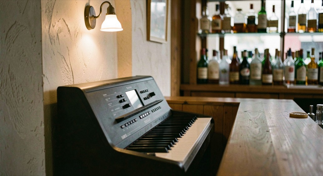 Tastatur eines elektrischen Pianos in der Nische einer Bar, darüber eine kleine Wandlampe mit warmem Licht, im Hintergrund unscharfe Flaschenreihen, halbnahe Aufnahme von schräg links