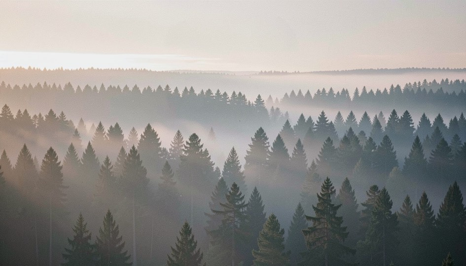 Dichter Nadelwald im Nebel kurz vor Sonnenaufgang, Baumreihen verlieren sich in Grauschichten, kaltes diffuses Licht, ruhige Totale