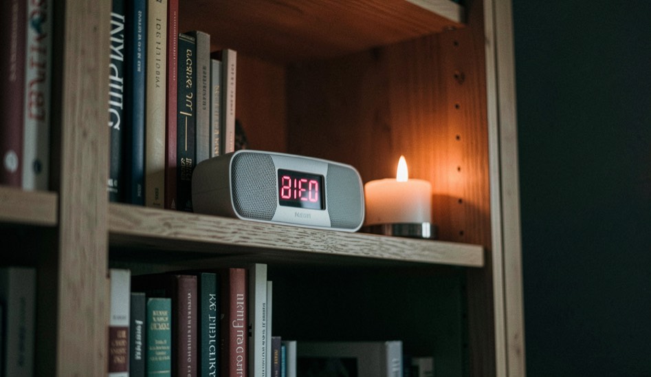 Kleines Digitalradio mit beleuchtetem Display auf einem Bücherregal aus Eiche, Raum sonst dunkel, Licht kommt nur vom Display und einer Kerze, Nahaufnahme leicht von unten